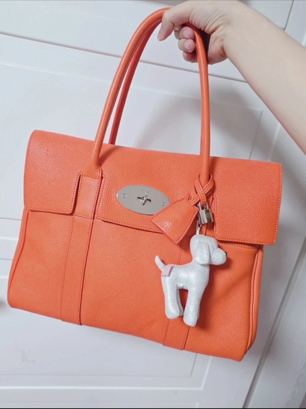Mulberry Orange Leather Top-Handle Satchel with Dog Charm